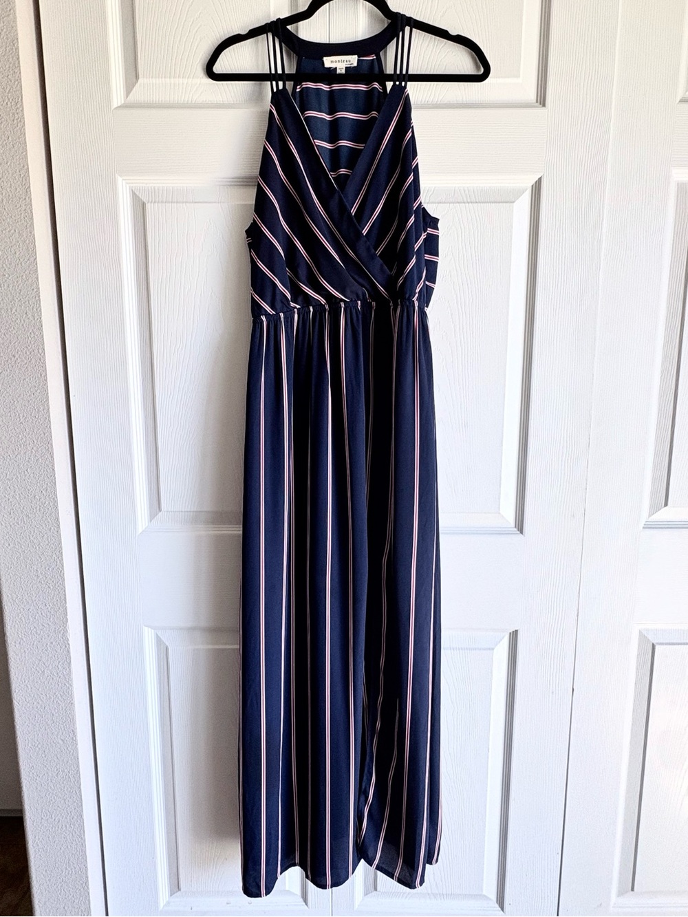 Monteau Navy Striped Maxi Dress Beach Summer Boho With Slit Inner Lining XL Tall